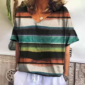 Винтажная женская футболка, пуловер в полоску с 3d принтом, повседневные уличные топы с v-образным вырезом, футболки, летняя модная футболка большого размера, женская одежда 4XL