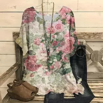 Винтажная женская футболка с 3D-цветочным принтом, летняя рубашка с коротким рукавом и круглым вырезом, свободный женский топ, повседневный пуловер в стиле Харадзюку S
