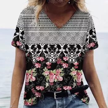 Винтажная женская футболка с этническим цветочным принтом, блузка большого размера, женская трендовая одежда, модная рубашка с коротким рукавом, женская рубашка с v-образным вырезом, собака S