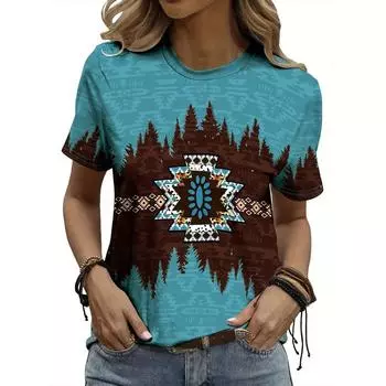 Винтажная женская футболка с этническим геометрическим принтом, футболка с круглым вырезом, летняя повседневная футболка с коротким рукавом, уличная женская одежда больших размеров S