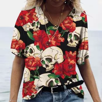 Винтажная женская футболка с черепом, топы, хлопковая одежда с v-образным вырезом для девочек, уличная одежда в стиле Харадзюку с 3D принтом, повседневные футболки в стиле панк 4XL