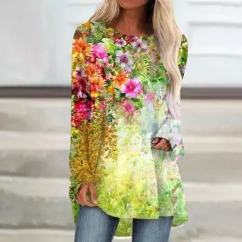 Винтажная женская футболка с цветочным принтом большого размера, ретро-графическая одежда с большим контуром, модельерская одежда, женский топ с длинным рукавом 6XL