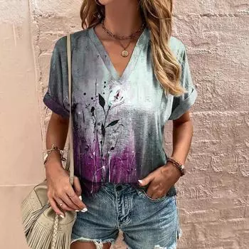 Винтажная женская футболка с цветочным принтом, топы в стиле Харадзюку, модная блузка с v-образным вырезом, летняя повседневная одежда, негабаритные дешевые футболки, женская повседневная рубашка S