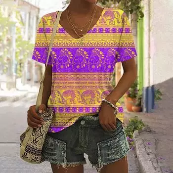 Винтажная женская футболка с геометрическим рисунком, топы с клетчатым принтом, женская одежда, пуловер в стиле Харадзюку с v-образным вырезом, летние футболки оверсайз с короткими рукавами XL