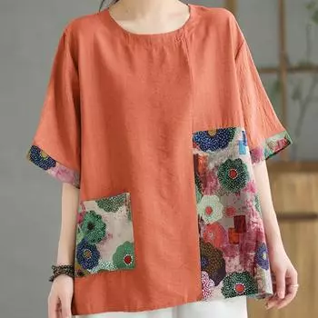 Винтажная женская футболка с круглым вырезом и коротким рукавом, летняя хлопковая дышащая футболка с цветочным принтом в стиле пэчворк, свободная легкая удобная футболка для работы и отдыха L белый