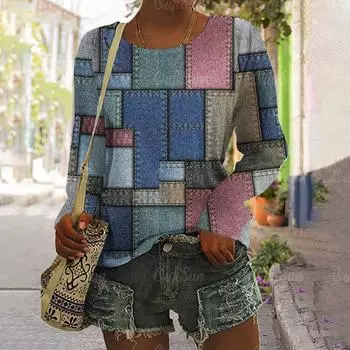 Винтажная женская футболка с лоскутным принтом, осенний пуловер с круглым вырезом в стиле Харадзюку, длинный рукав, женская одежда больших размеров S
