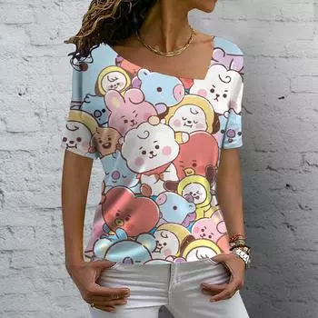 Винтажная женская футболка с милым котом, блузки с косым воротником и 3D принтом, повседневный пуловер с короткими рукавами, топы, летняя одежда больших размеров, футболки 5XL