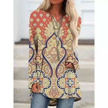 Винтажная женская футболка с принтом, длинный рукав, свободная одежда, модный круглый вырез, пуловер, высокое качество, большие размеры, женская футболка S