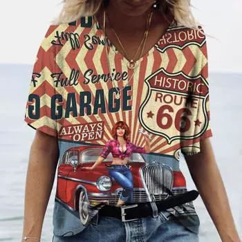 Винтажная женская футболка с принтом маршрута US 66, футболка с V-образным вырезом, оверсайз, уличная одежда, одежда Харадзюку, женский повседневный топ с коротким рукавом XL