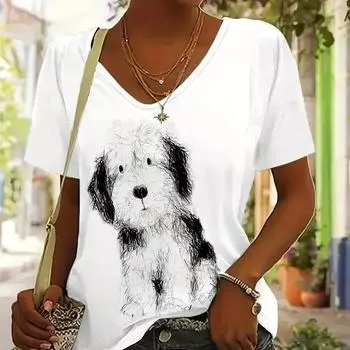 Винтажная женская футболка с принтом животных из мультфильмов, топ больших размеров, женская трендовая одежда, рубашка с коротким рукавом, свободная блузка с V-образным вырезом S