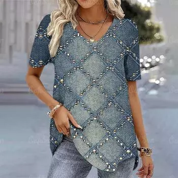 Винтажная женская футболка с v-образным вырезом, джинсовая футболка с короткими рукавами и принтом в стиле Харадзюку, уличная одежда, повседневная пуловерная футболка для женщин, новинка S