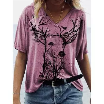 Винтажная женская футболка с v-образным вырезом, летняя уличная повседневная укороченный топ с 3d принтом лося/цветка, уличная свободная футболка большого размера для женщин S