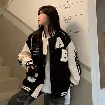 Винтажная женская куртка-бомбер в стиле Харадзюку, модная студенческая форма, университетские бейсбольные куртки, женская уличная одежда больших размеров Y2k S чёрный