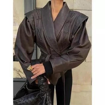 Винтажная женская куртка из искусственной кожи на шнуровке, модная однотонная с карманом на поясе, тонкая верхняя одежда, женское шикарное короткое пальто для улицы S