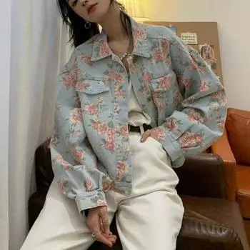 Винтажная женская куртка с цветочным принтом, повседневное короткое базовое пальто для женщин, осенняя верхняя одежда, джинсовые куртки женские S синий