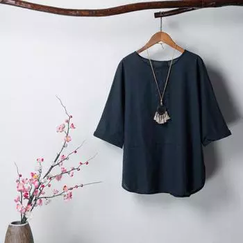 Винтажная женская летняя хлопково-льняная блузка, однотонная, с круглым вырезом, с половиной рукавом, с разрезом подол, повседневная, больших размеров XLarge серый