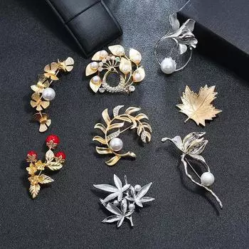 Винтажная женская металлическая матовая брошь в виде листа с цветком и иглой, жемчугом и кристаллами, значок с цветочным узором, корсаж
