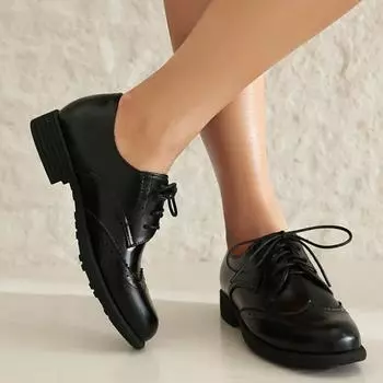 Винтажная женская обувь 2024 года, весна, новые женские туфли-оксфорды из натуральной кожи на шнуровке, лоферы с круглым носком, однотонные балетки Zapatos 35 чёрный