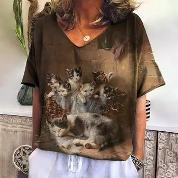 Винтажная женская одежда, футболки с милыми животными, женская одежда, повседневные футболки с короткими рукавами, пуловер большого размера с v-образным вырезом, уличная одежда XL