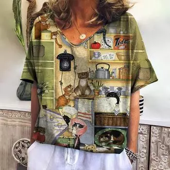 Винтажная женская одежда, футболки с милыми животными, женская одежда, повседневные футболки с короткими рукавами, пуловер большого размера с v-образным вырезом, уличная одежда XL