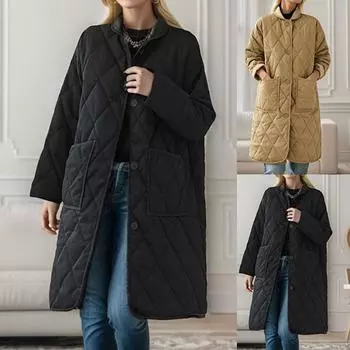 Винтажная женская однотонная стеганая куртка средней длины с хлопковым воротником, теплая зимняя женская куртка 2023 года, модное свободное теплое стеганое пальто M хаки
