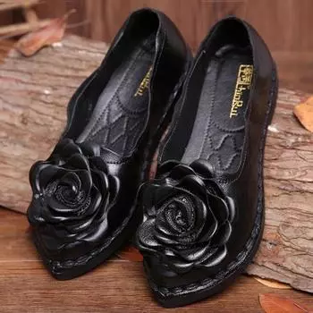 Винтажная женская повседневная обувь на плоской подошве ручной работы, мягкая обувь из натуральной кожи для мам, модные лоферы 36 чёрный