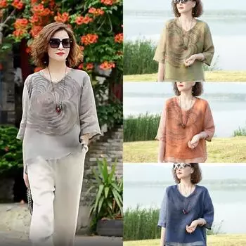 Винтажная женская рубашка, летняя богемная блузка с цветочным принтом, топы с v-образным вырезом и рукавами 3/4, туника, повседневная свободная блузка с принтом, Blusas Mujer Femme S оливковое зеленый