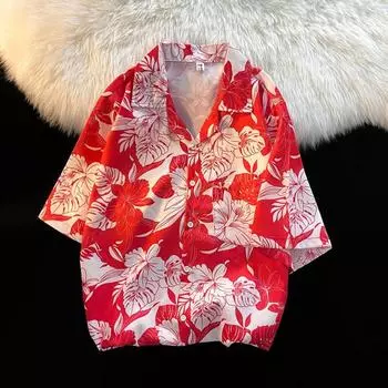 Винтажная женская рубашка с цветочным принтом, свободная американская винтажная женская блузка, летняя пляжная блузка с лацканами и короткими рукавами One Size красный