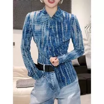 Винтажная женская рубашка с длинным рукавом, новая повседневная простая блузка с лацканами, уличная одежда, облегающие элегантные рубашки на пуговицах, женская одежда 2857 S синий