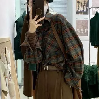 Винтажная женская рубашка в клетку, блузка большого размера, корейский модный топ с длинными рукавами, женская элегантная зеленая весенняя одежда Y2k Preppy S зелёный