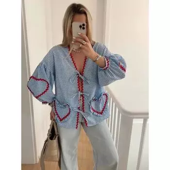 Винтажная женская сетчатая блузка с сердечками в стиле пэчворк на шнуровке, женская свободная элегантная блузка с V-образным вырезом, для вечеринок и отдыха на открытом воздухе, для девочек, весна и лето L розовый