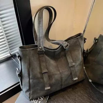 Винтажная женская сумка через плечо из мягкой искусственной кожи, большая вместительная сумка для покупок, осенняя дорожная сумка через плечо 36x28x12cm чёрный