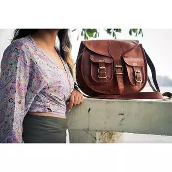 Винтажная женская сумка через плечо из натуральной козьей кожи, сумка через плечо ручной работы 13 x 10 x 3 in коричневый