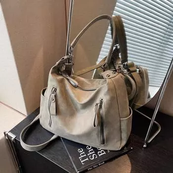 Винтажная женская сумка через плечо из шлифованной кожи с ремнем через плечо, зимняя сумка-ведро большой вместимости 29x24x11cm чёрный