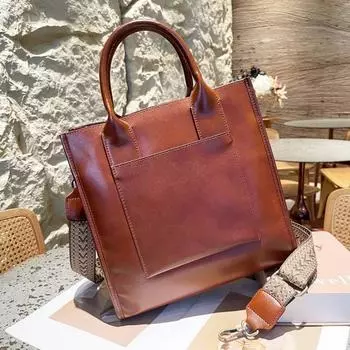 Винтажная женская сумка из натуральной кожи большого объема, небольшая квадратная сумка из коровьей кожи растительного дубления с сумкой-тоут через плечо для поездок на работу