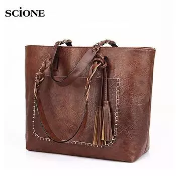 Винтажная женская сумка, коричневая кожаная сумка на плечо, женская ретро-тоут, большая сумка из искусственной кожи, модная сумка красный