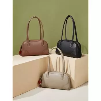 Винтажная женская сумка Niche Design Handbag Большая вместимость Сумка из коровьей кожи на одно плечо Сумка для подмышки из коровьей кожи для поездок на работу и боулинга 28x9x17cm коричневый