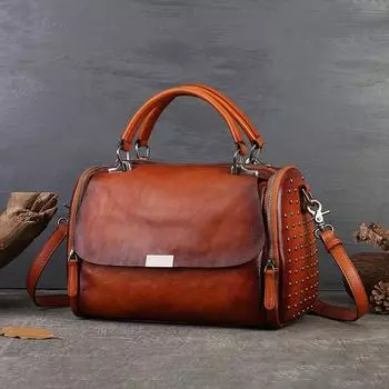 Винтажная женская сумка ручной работы, большая вместимость, сумка из натуральной кожи, заклепки, женская сумка из коровьей кожи, сумка через плечо на одно плечо, женская сумка коричневый