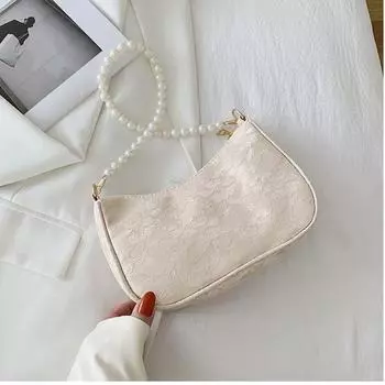 Винтажная женская сумка с кружевным цветком, однотонная жемчужная цепочка, сумка через плечо, женская дорожная сумка для хранения белый