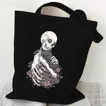 Винтажная женская сумка-шоппер из холста с черепом и кошкой, забавная студенческая сумка-тоут с изображением животных