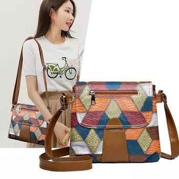 Винтажная женская сумка среднего возраста с цветными блоками, трехслойная, большая вместимость, сумка через плечо коричневый