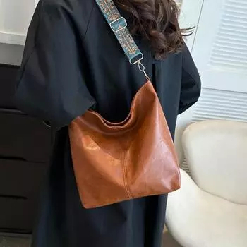 Винтажная женская сумка-тоут, модная сумка через плечо из искусственной кожи, вместительная, простая, с широким ремешком, сумка-ведро через плечо чёрный