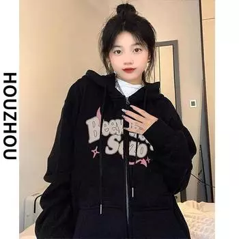 Винтажная женская свободная толстовка больших размеров, японская весенне-осенняя уличная одежда Ins, хип-хоп, новый тренд, толстовки с героями мультфильмов, топы для девочек M чёрный