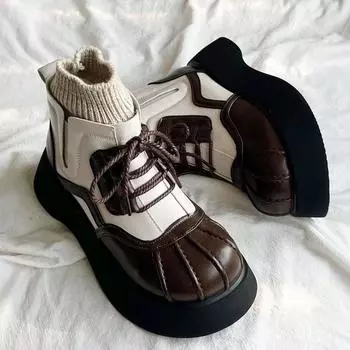 Винтажная женская зимняя обувь Shell Head, шикарные кожаные эластичные вязаные ботинки для девочек, легкие женские ботинки на платформе с подкладкой 35 коричневый