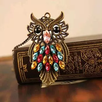 Винтажное эффектное ожерелье с совиным глазом, красочное бронзовое ожерелье с длинной цепочкой и подвеской в виде совы