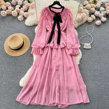 Винтажное элегантное бандажное платье с длинным рукавом и v-образным вырезом для женщин, шифоновые платья трапециевидной формы с оборками и тонкой талией One Size