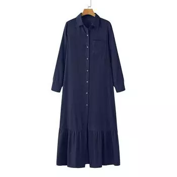 Винтажное элегантное джинсовое платье больших размеров, женское однобортное повседневное платье-рубашка с длинным рукавом, летние однотонные свободные женские платья с рюшами, новинка 967 S синий