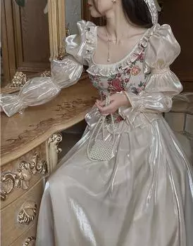 Винтажное элегантное платье с цветочным принтом, женское осеннее повседневное вечернее платье миди с круглым вырезом, женское корейское платье феи с пышными рукавами S абрикосовый