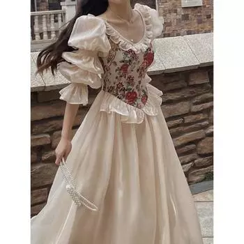 Винтажное элегантное платье с цветочным принтом, женское платье 2023, осень с круглым вырезом, повседневное вечернее платье миди, женское корейское платье феи с пышными рукавами S бежевый