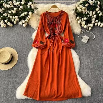 Винтажное элегантное платье с V-образным вырезом и вышивкой, рукавами-фонариками, повседневное платье-трапеция для женщин, модное летнее весеннее платье-платье One Size оранжевый